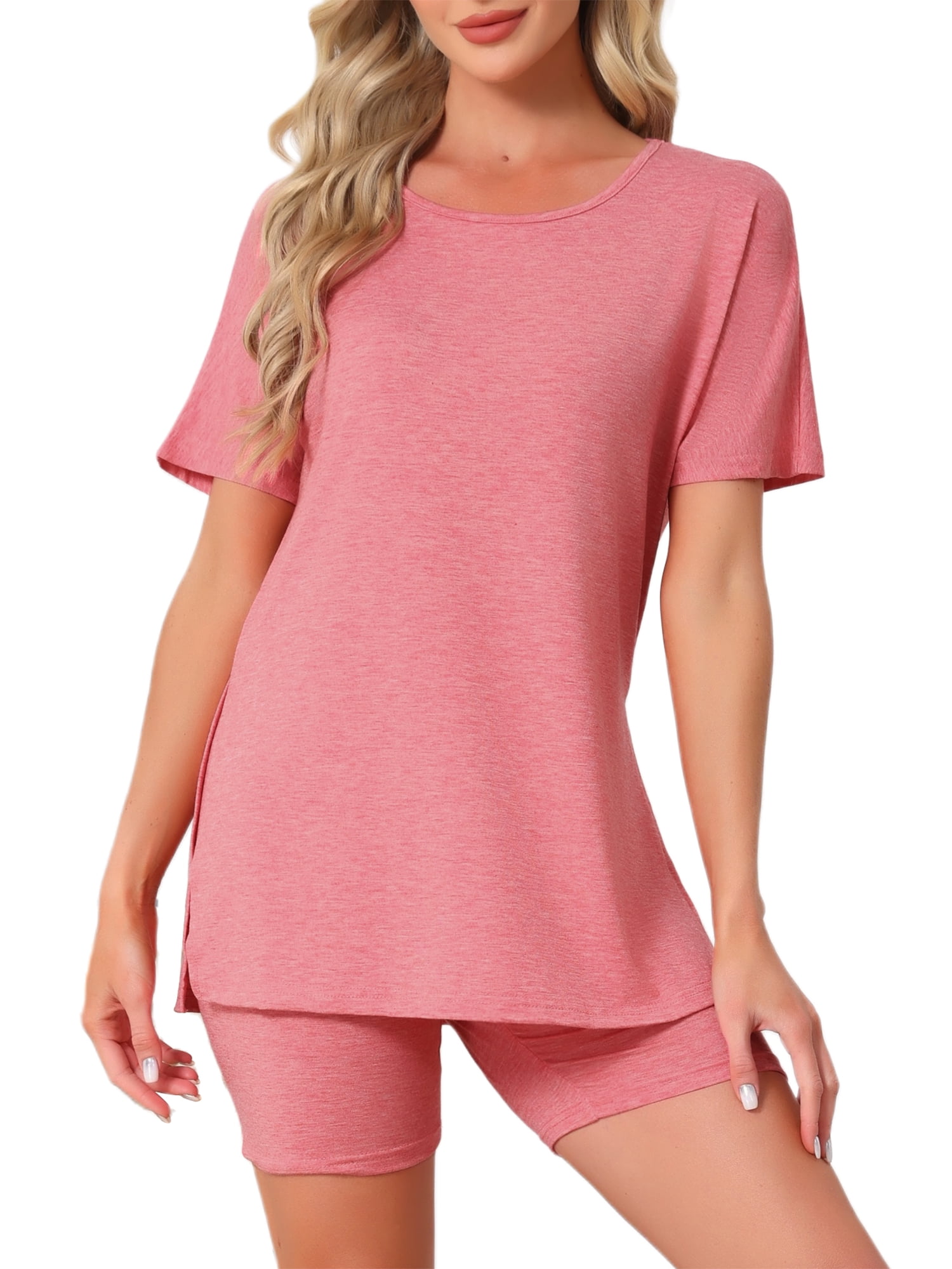 DARING DIVA Women's Pajama Set Split Jersey Knit Tops with Fitted Shorts XL Pink
