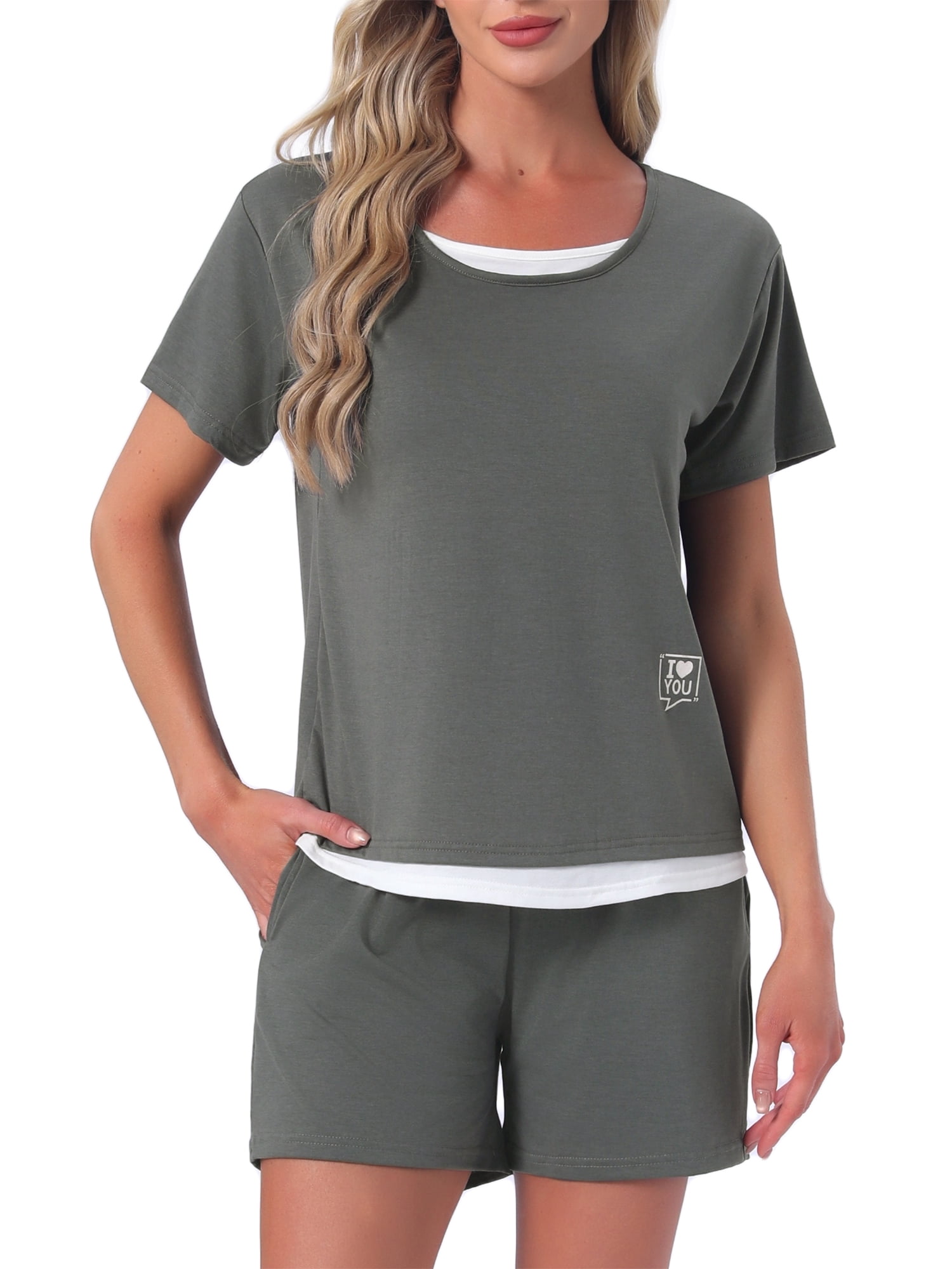DARING DIVA Women's Pajama Set with Built-in Bra and Shorts Comfy Lounge Set M Dark Gray