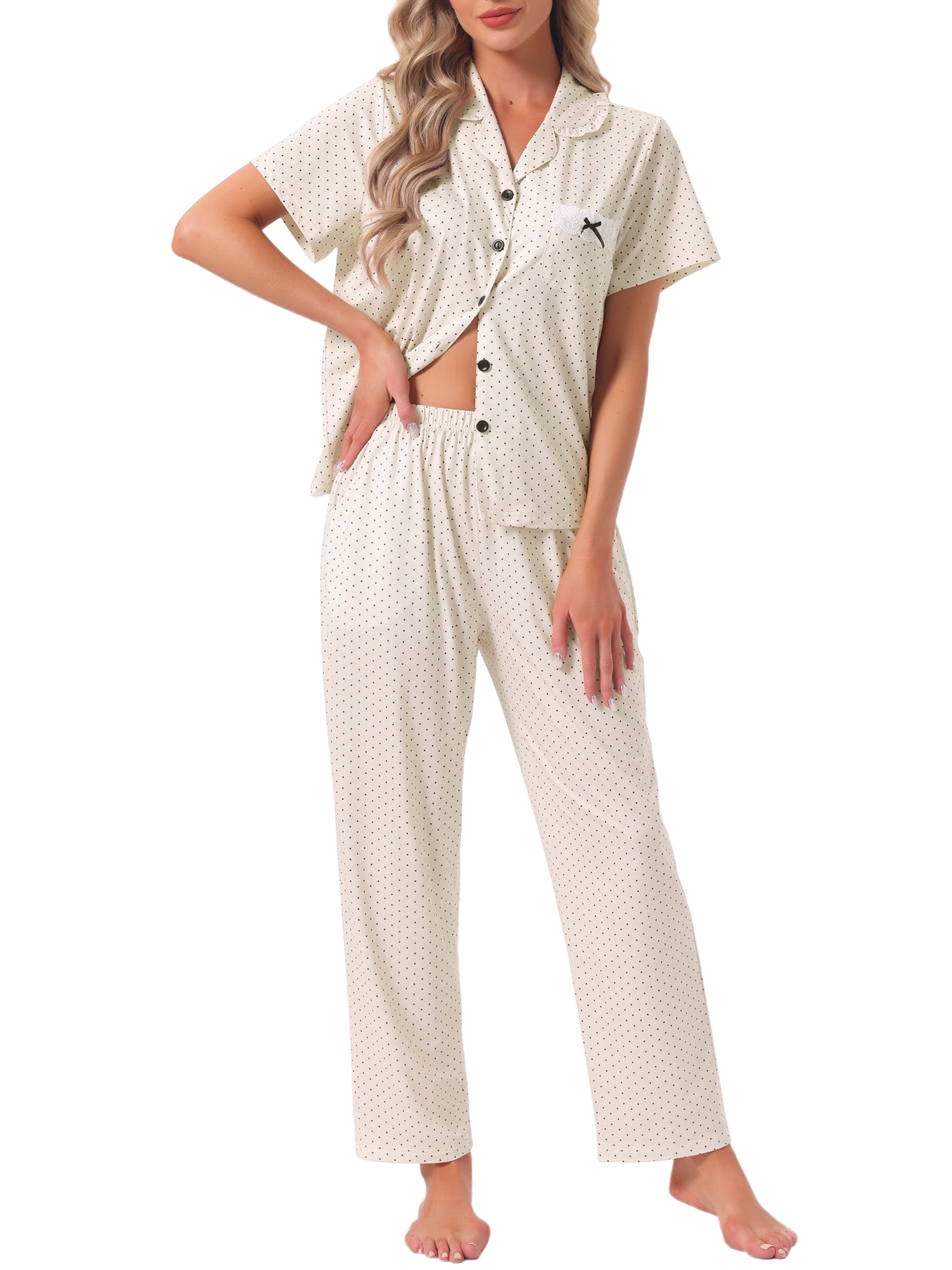 DARING DIVA Women's Pajama Sets Button Down Ruffle Collar Short Sleeve Shirt 2XL Beige