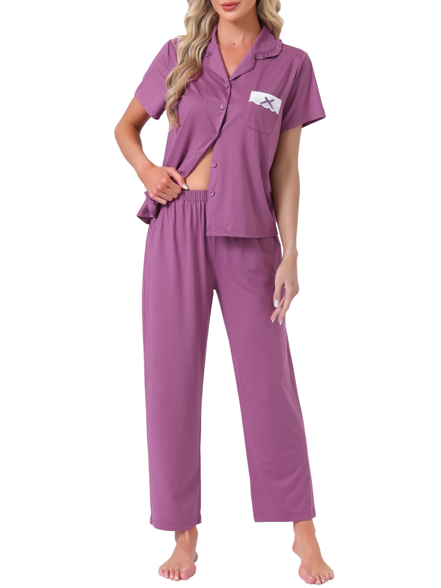 DARING DIVA Women's Pajama Sets Button Down Ruffle Collar Short Sleeve Shirt L Purple