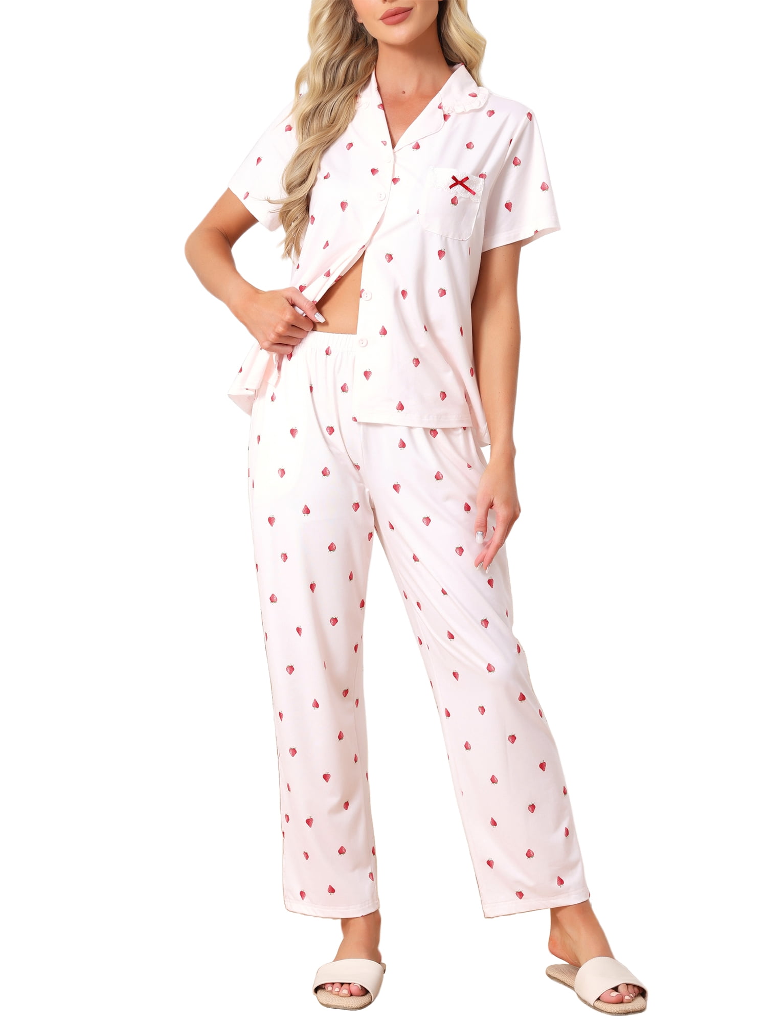 DARING DIVA Women's Pajama Sets Button Down Ruffle Collar Short Sleeve Shirt S Pink