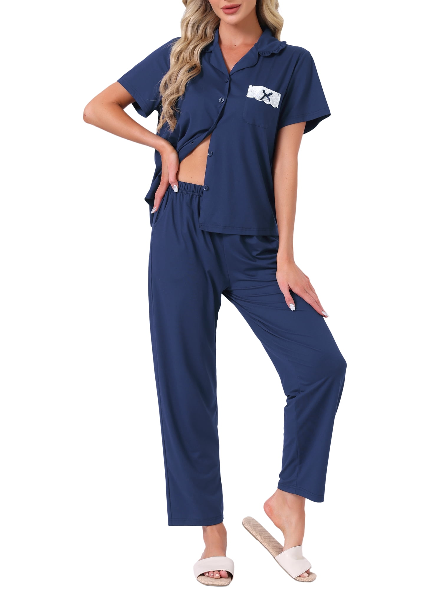 DARING DIVA Women's Pajama Sets Button Down Ruffle Collar Short Sleeve Shirt XL Blue