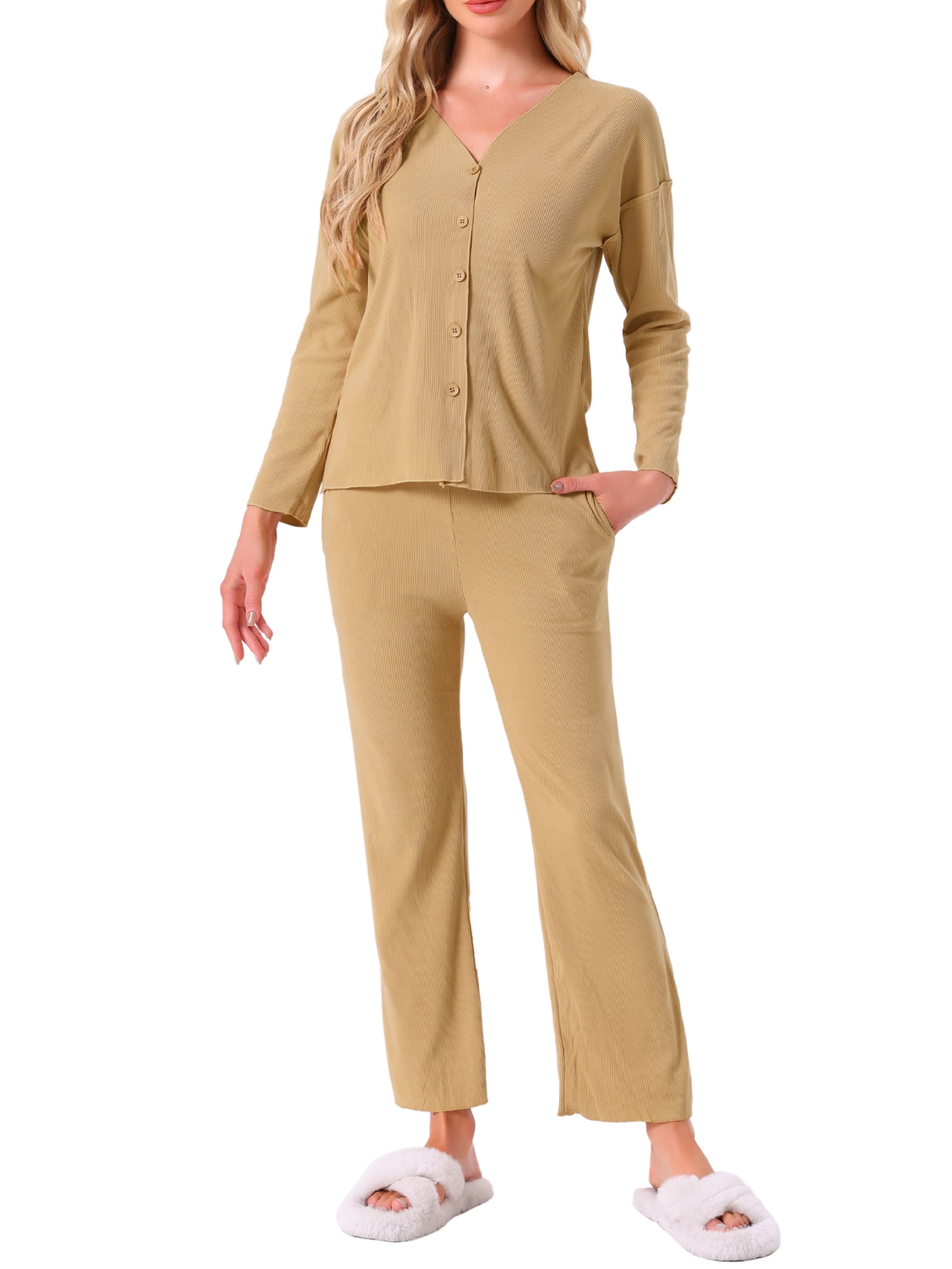 DARING DIVA Women's Button Up V-Neck Elastic Waist Pants Pajama Sets L Brown