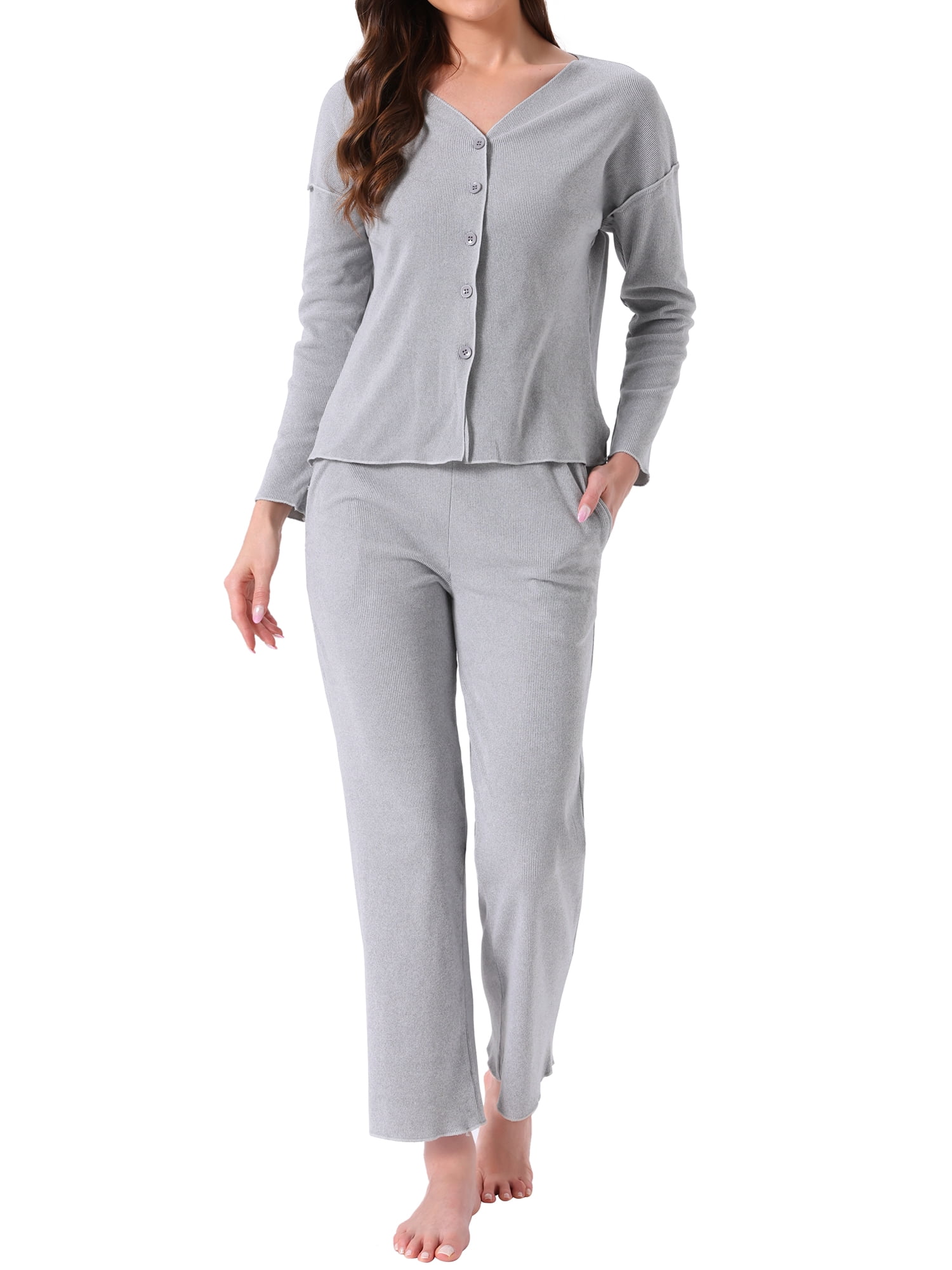 DARING DIVA Women's Button Up V-Neck Elastic Waist Pants Pajama Sets XS Gray