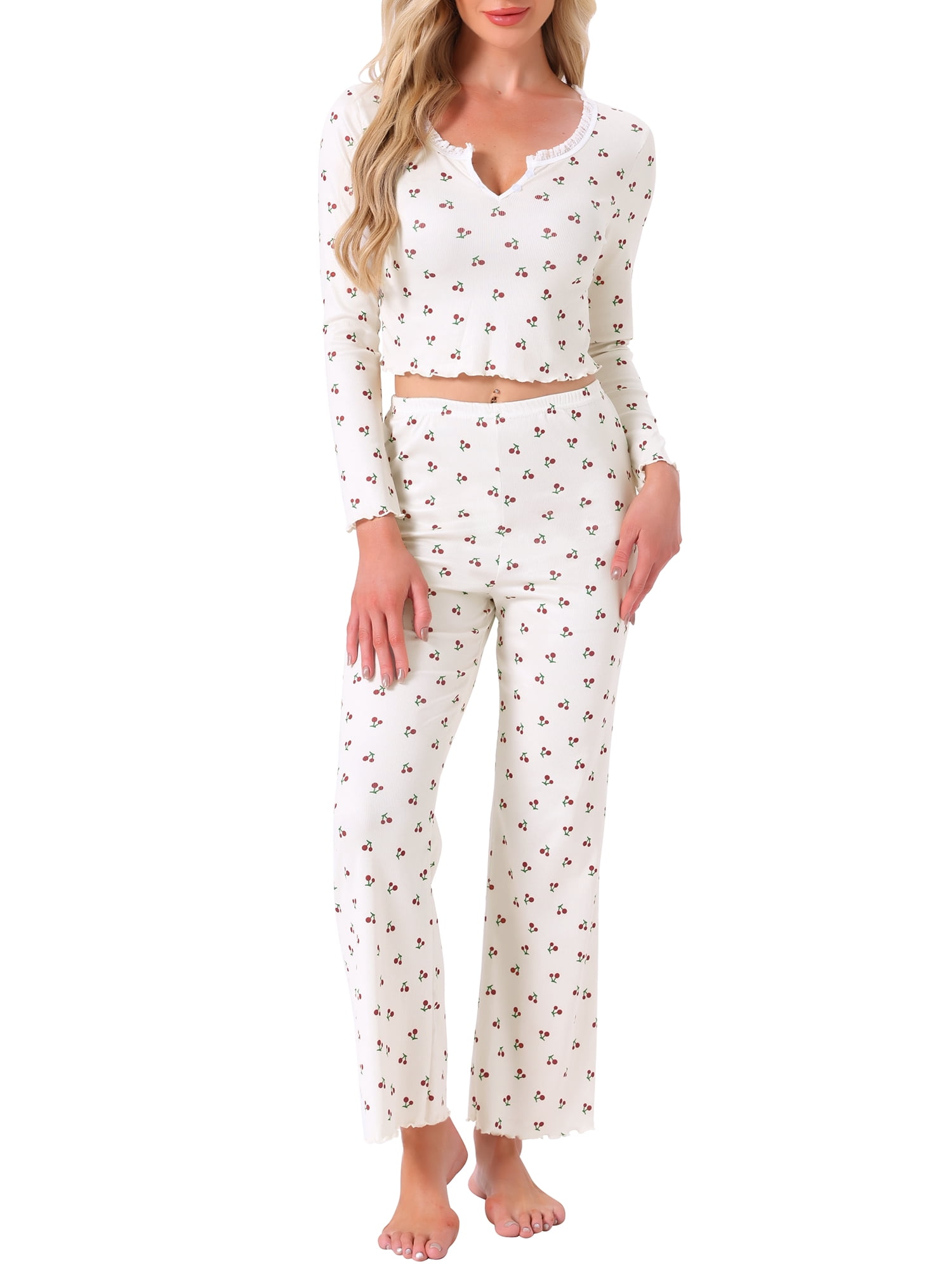 DARING DIVA Women's Pajama Sets Cherry Print Ruffled Long Sleeve Top and Pants XL Apricot