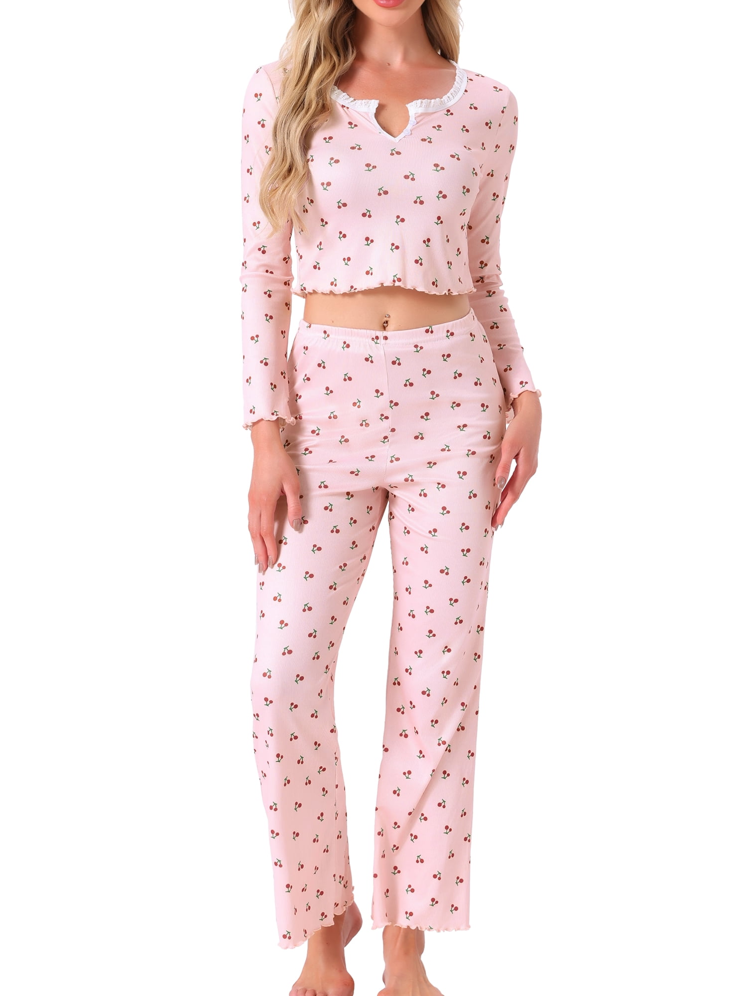 DARING DIVA Women's Pajama Sets Cherry Print Ruffled Long Sleeve Top and Pants XL Pink