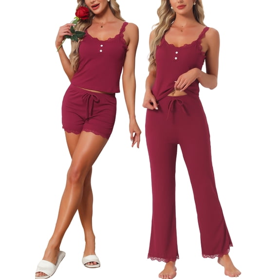 DARING DIVA Women's Pajama Sets Ribbed Knit Lace Tank Shorts Pants Sleepwear L Red