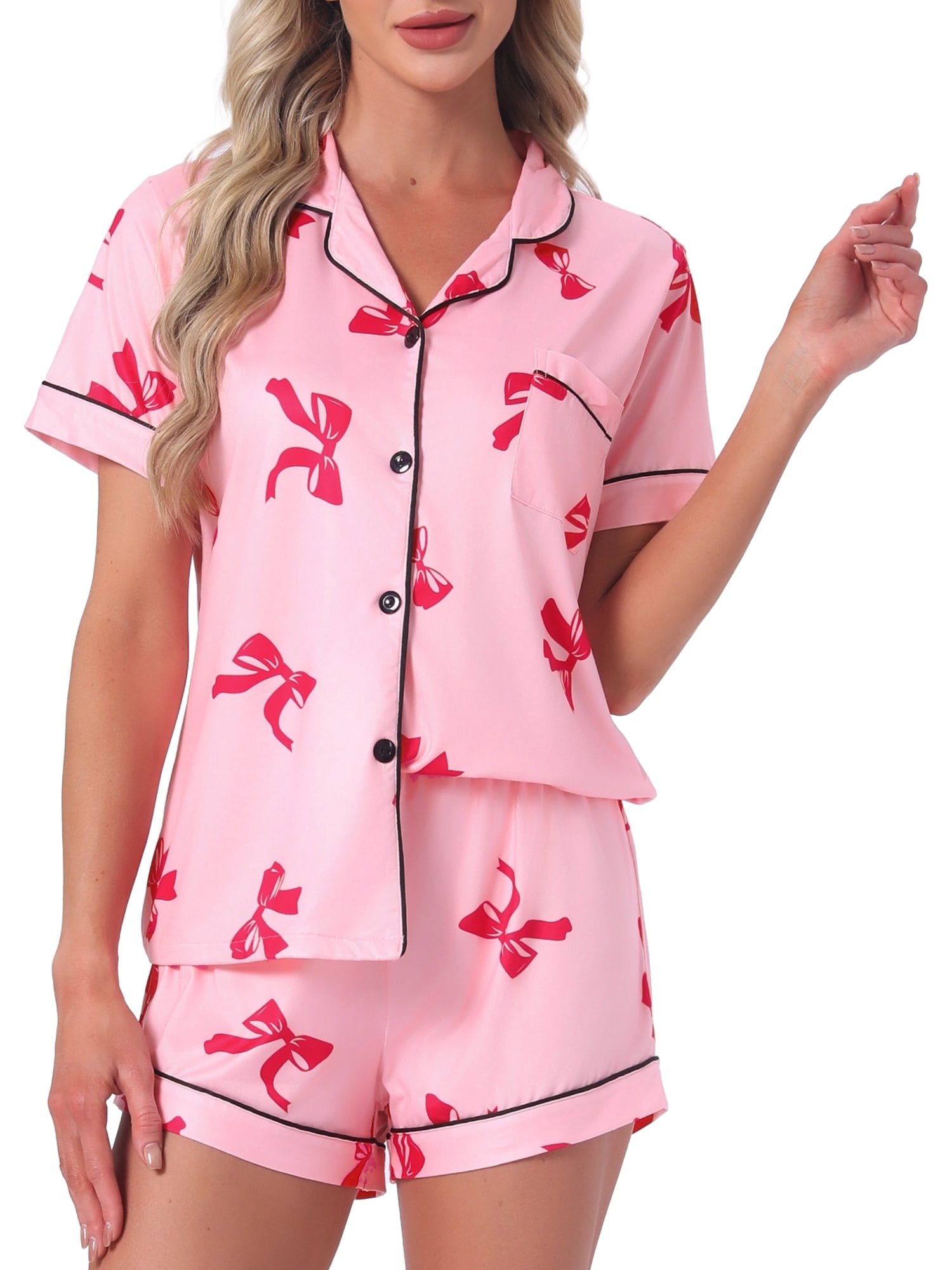 DARING DIVA Women's Pajama Sets Short Sleeves Bow Button Up Tops and Shorts M Bright Pink