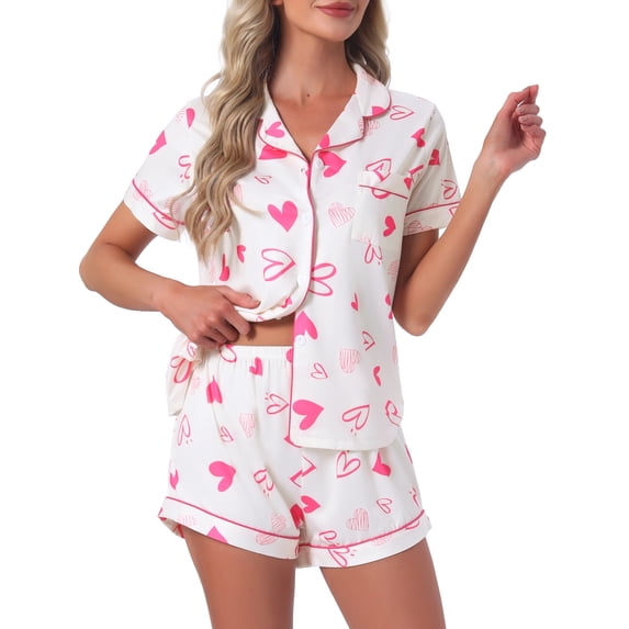 DARING DIVA Women's Pajama Sets Short Sleeves Bow Button Up Tops and Shorts M Pink
