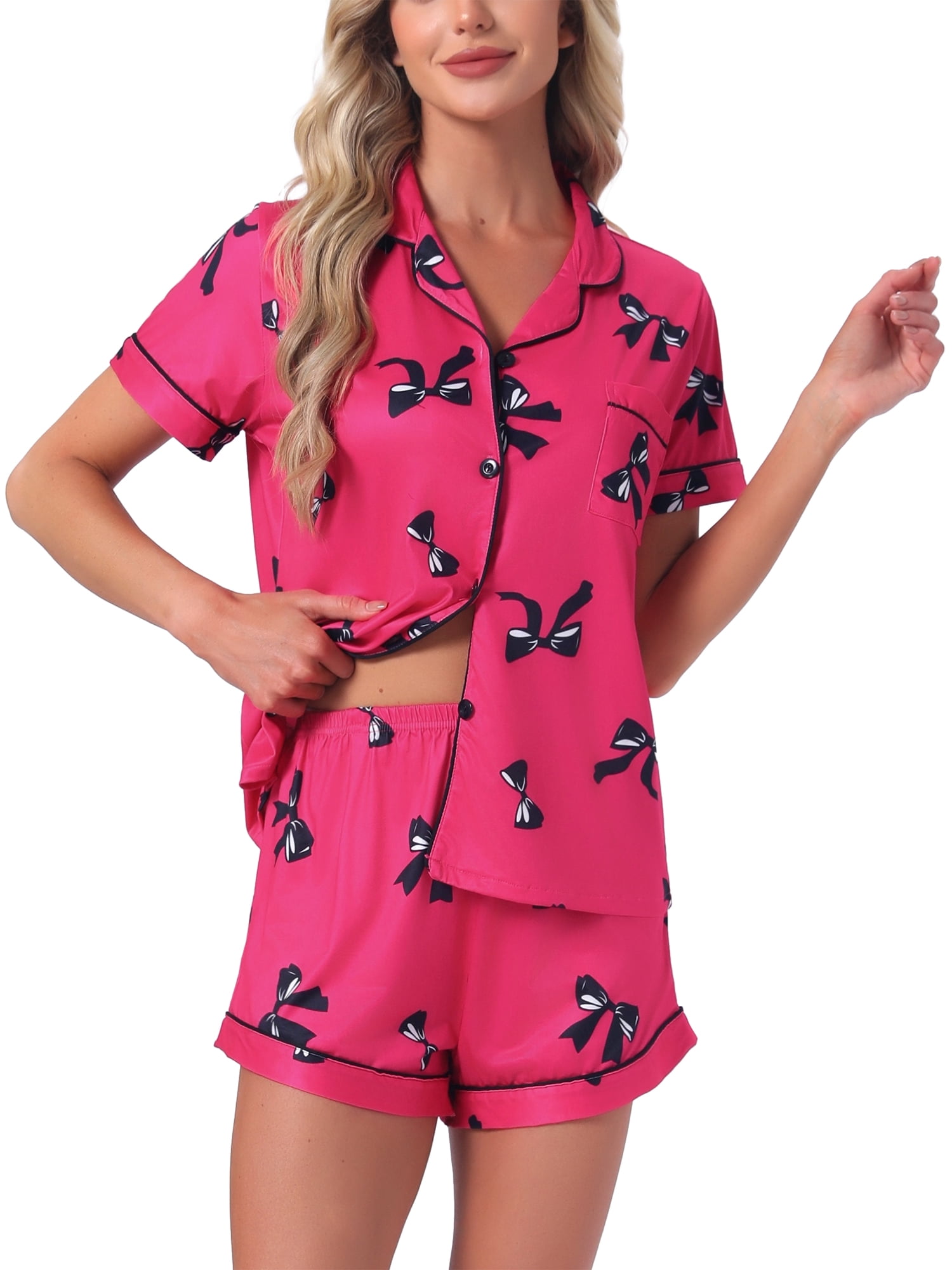 DARING DIVA Women's Pajama Sets Short Sleeves Bow Button Up Tops and Shorts XL Hot Pink