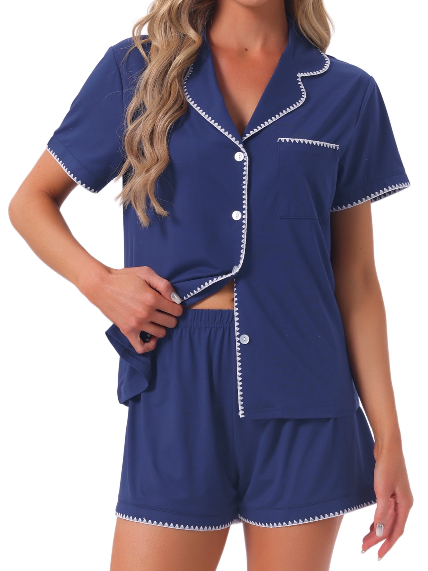 DARING DIVA Women's Pajama Sets Short Sleeves Comfy Button Up Tops and Shorts XL Blue