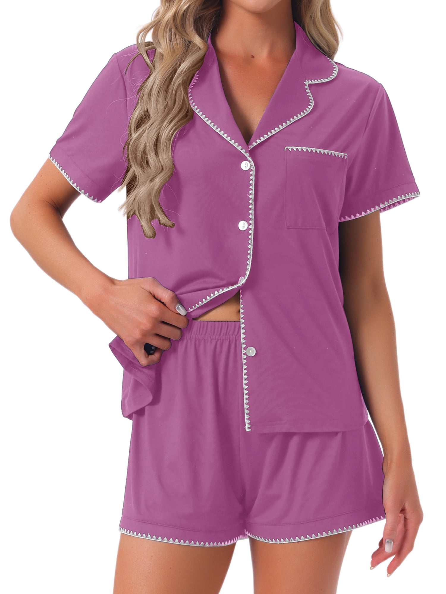 DARING DIVA Women's Pajama Sets Short Sleeves Comfy Button Up Tops and Shorts XXL Purple