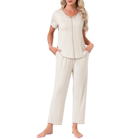 DARING DIVA Women's Pajama Sets Sleepwear Built-in Shelf Bra Short Sleeve Tops S Beige