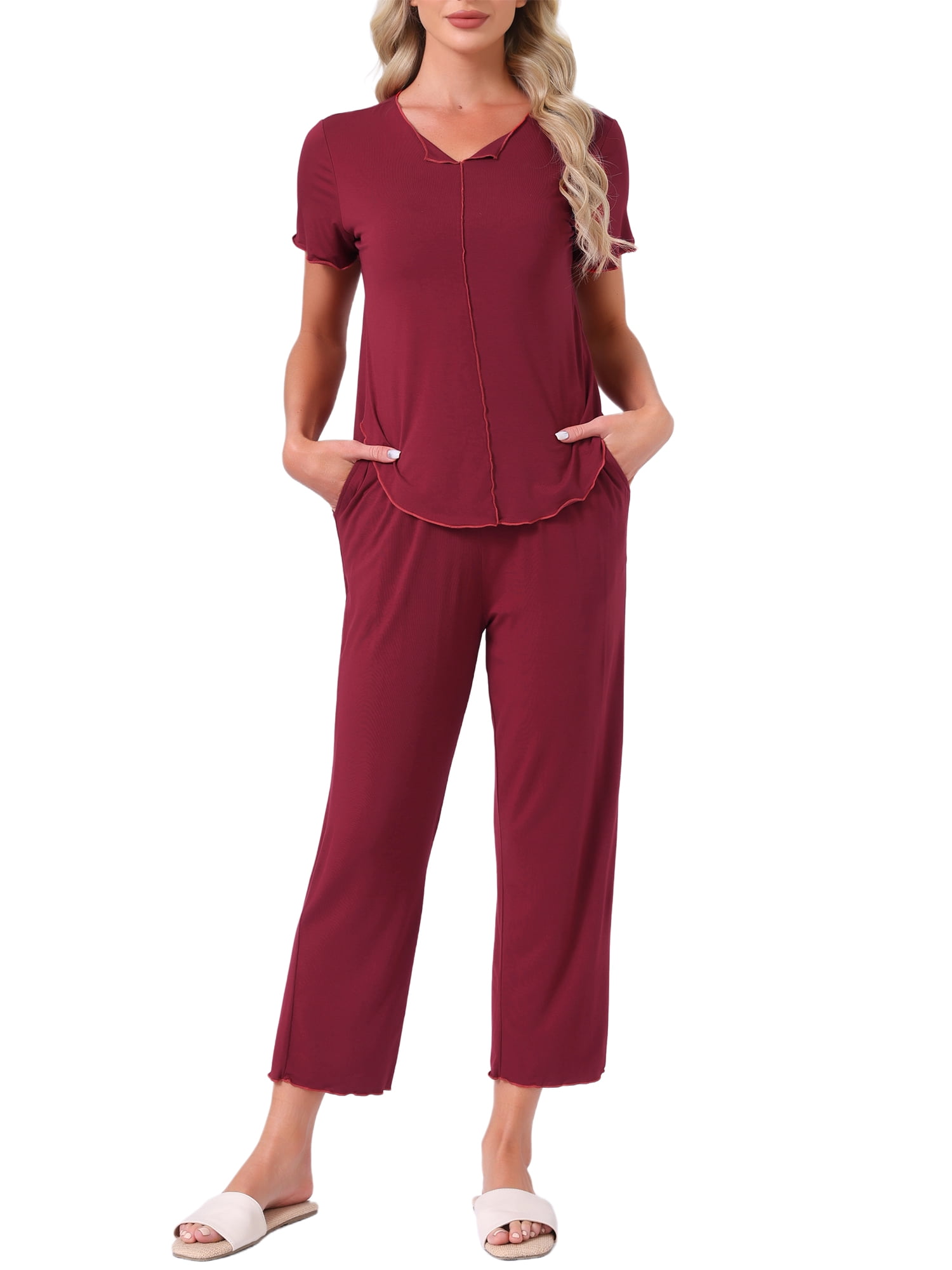 DARING DIVA Women's Pajama Sets Sleepwear Built-in Shelf Bra Short Sleeve Tops XL Red