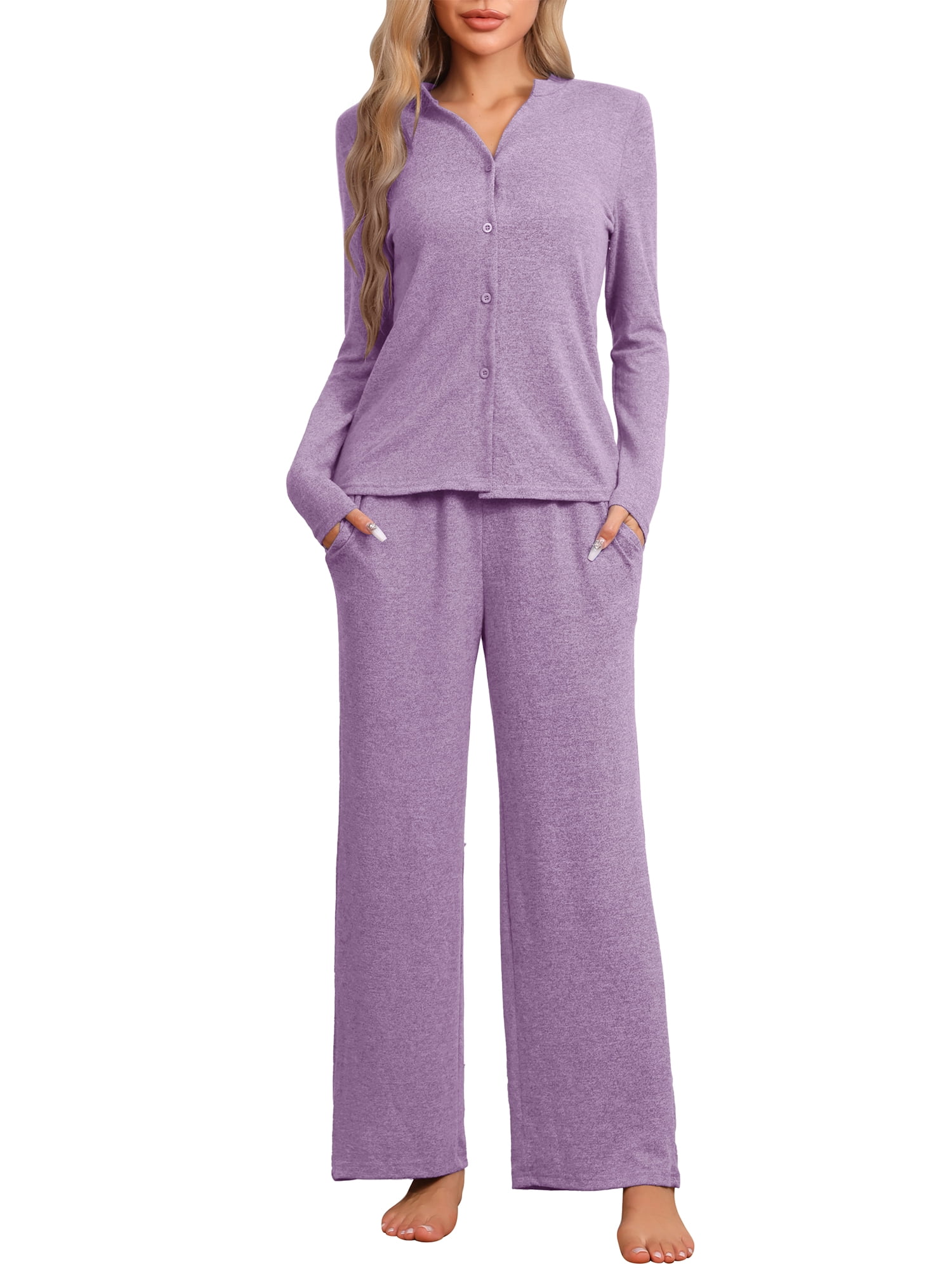 DARING DIVA Women's Pajamas Knit Button Down Tops and Pants with Pockets XS Dark Purple