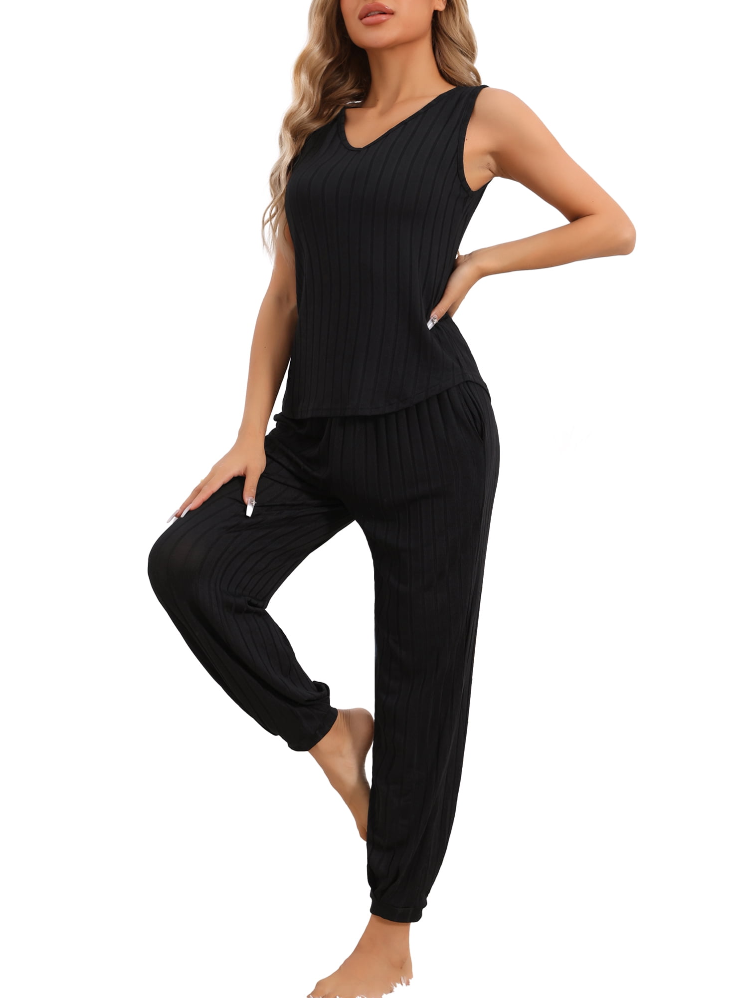 DARING DIVA Women's Pajamas Loungewear Knit V Neck Tank Tops with Pants Set Black XS