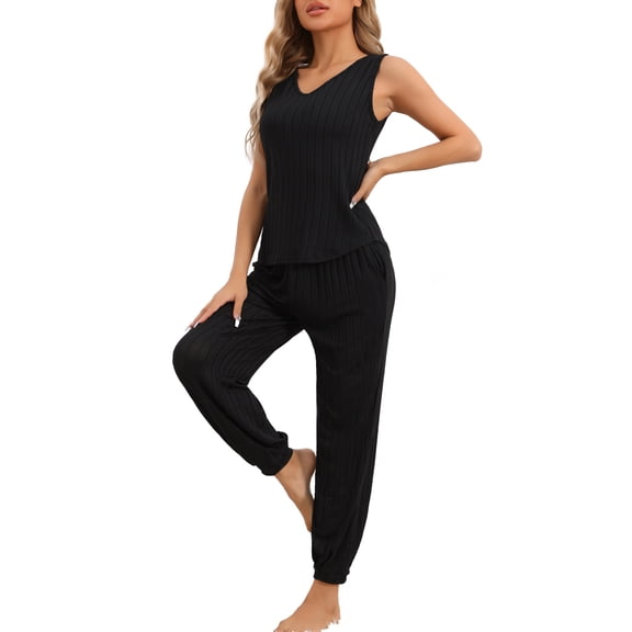 DARING DIVA Women's Pajamas Loungewear Knit V Neck Tank Tops with Pants Set Black XS