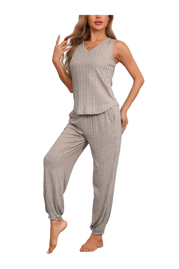 Women's Pajamas Loungewear Knit V Neck Tank Tops with Pants Set Khaki S