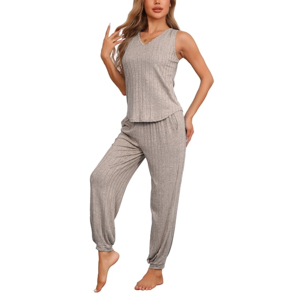 DARING DIVA Women's Pajamas Loungewear Knit V Neck Tank Tops with Pants Set Khaki XS