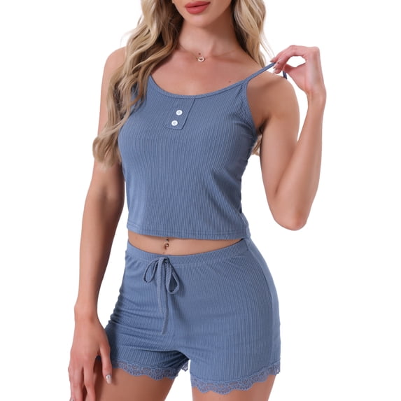 DARING DIVA Women's Pajamas Ribbed Knit Lace Trim Camisole Tank Top with Shorts L Blue