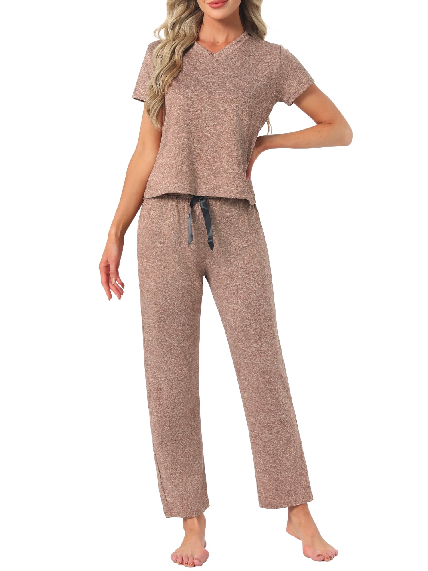 DARING DIVA Women's Pajamas Set Short Sleeve V Neck Pullover Top with Pants XL Brown