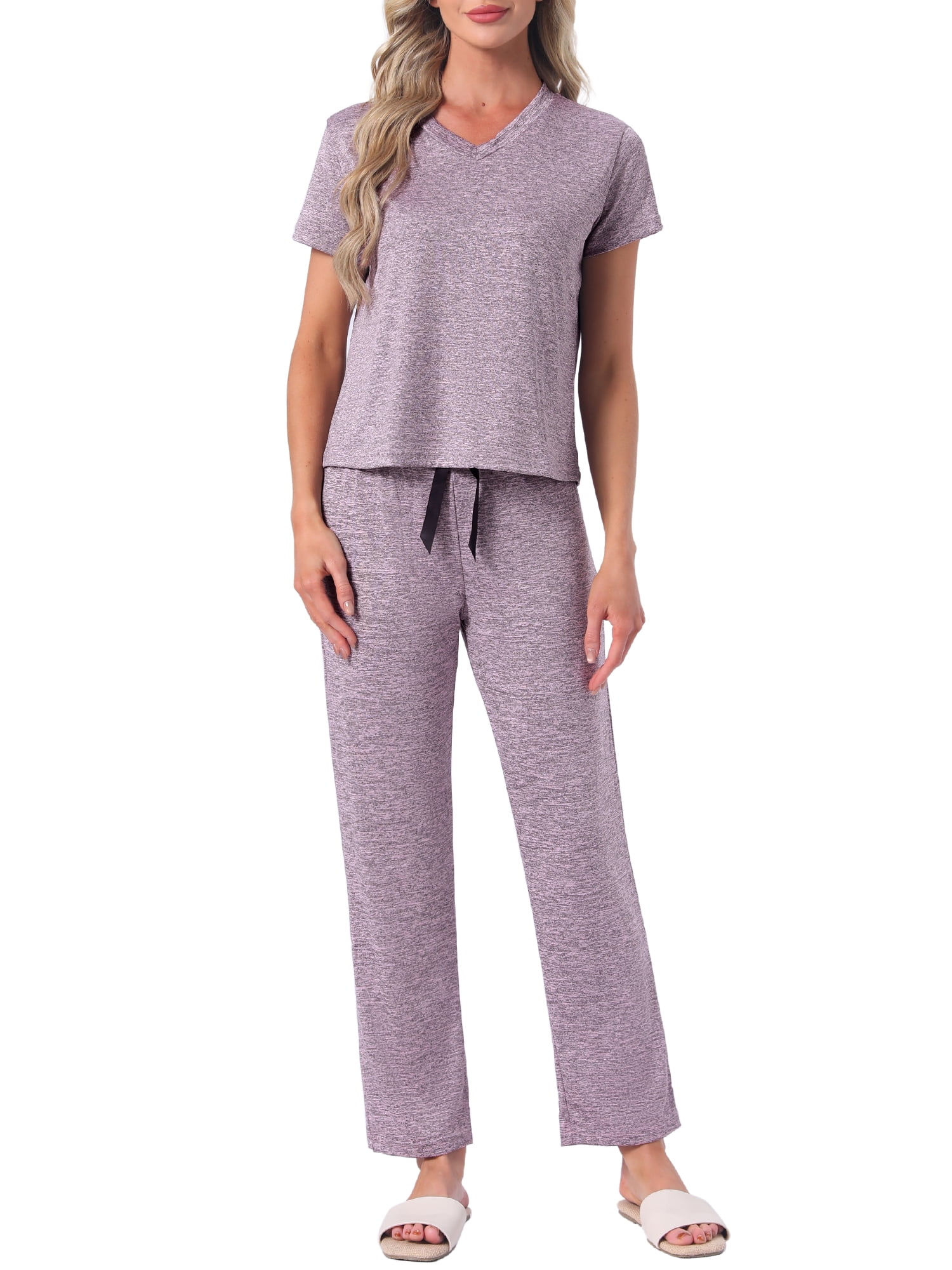 DARING DIVA Women's Pajamas Set Short Sleeve V Neck Pullover Top with Pants XL Purple