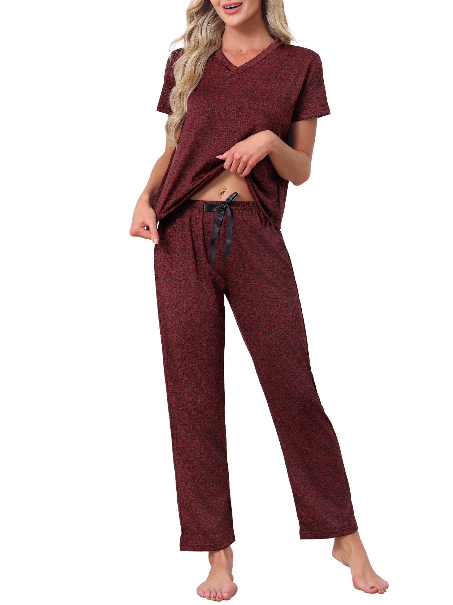 DARING DIVA Women's Pajamas Set Short Sleeve V Neck Pullover Top with Pants XL Red
