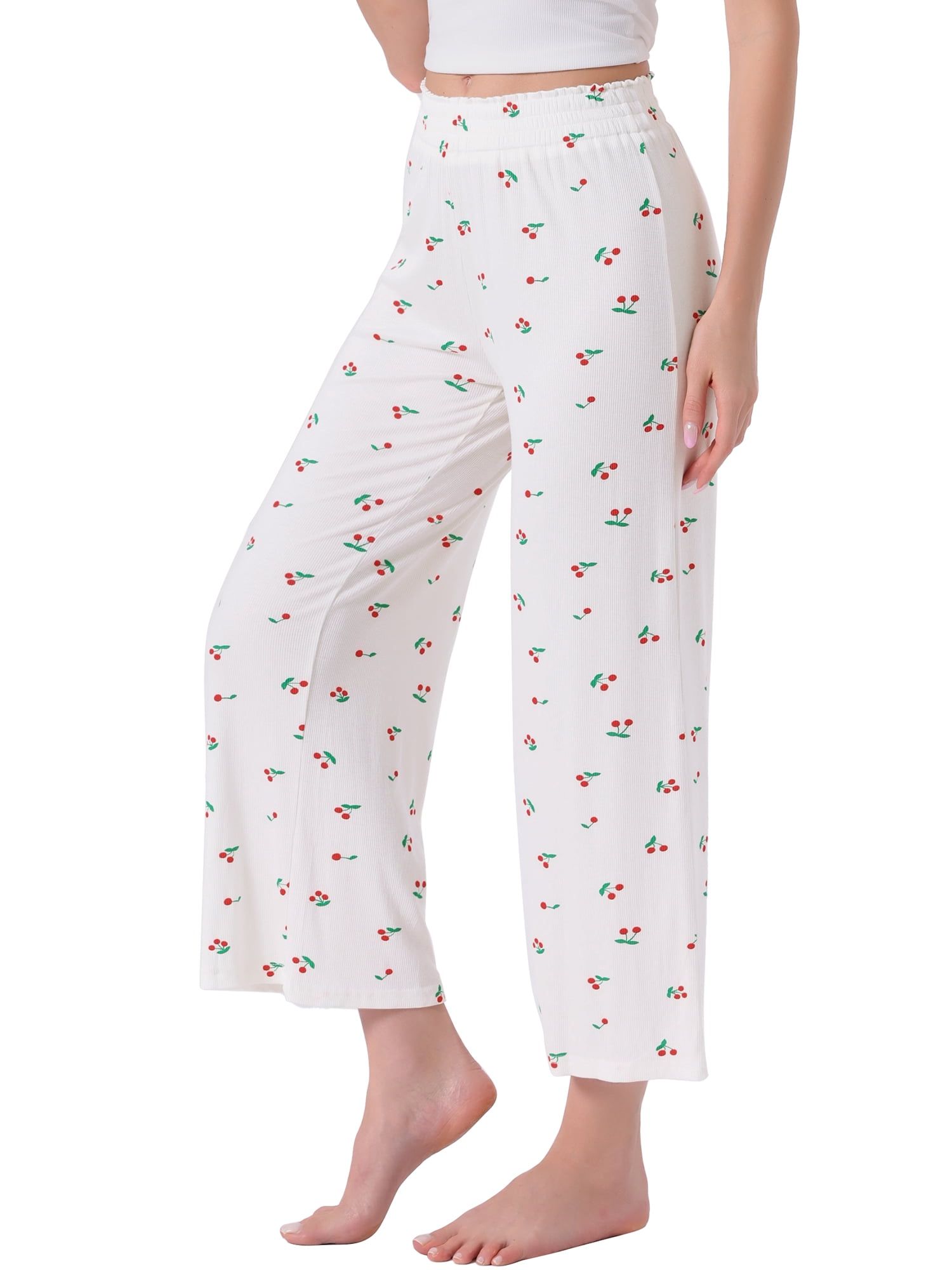 DARING DIVA Women's Palazzo Print Lounge Elastic Waist Loose Wide Leg Pants S White