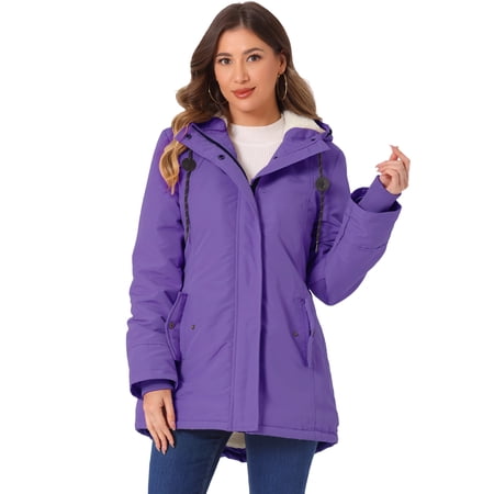 DARING DIVA Women's Winter Coat with Faux Fur Hood and Multiple Pockets S Violet