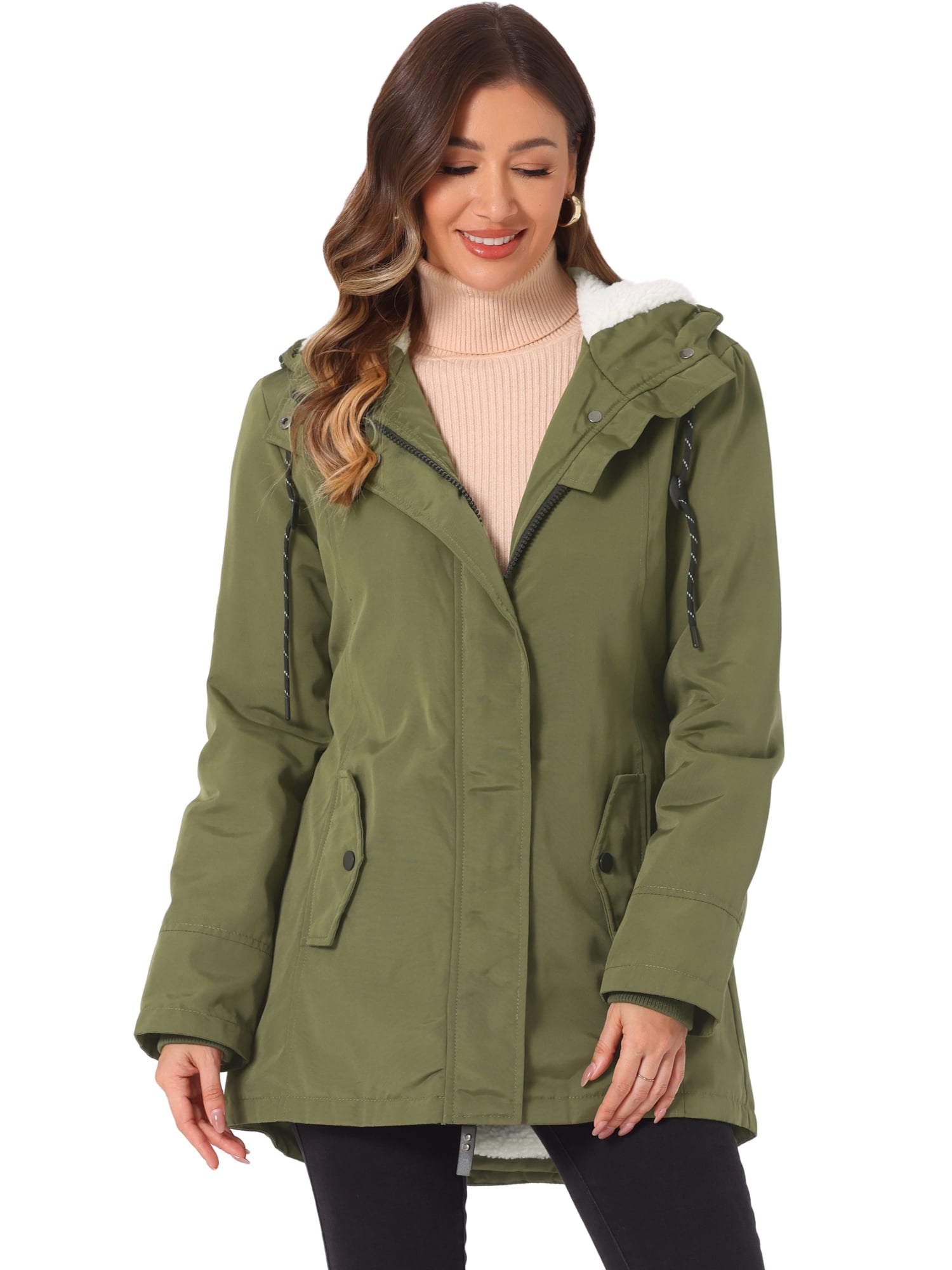 DARING DIVA Women's Winter Coat with Faux Fur Hood and Multiple Pockets XS Army Green
