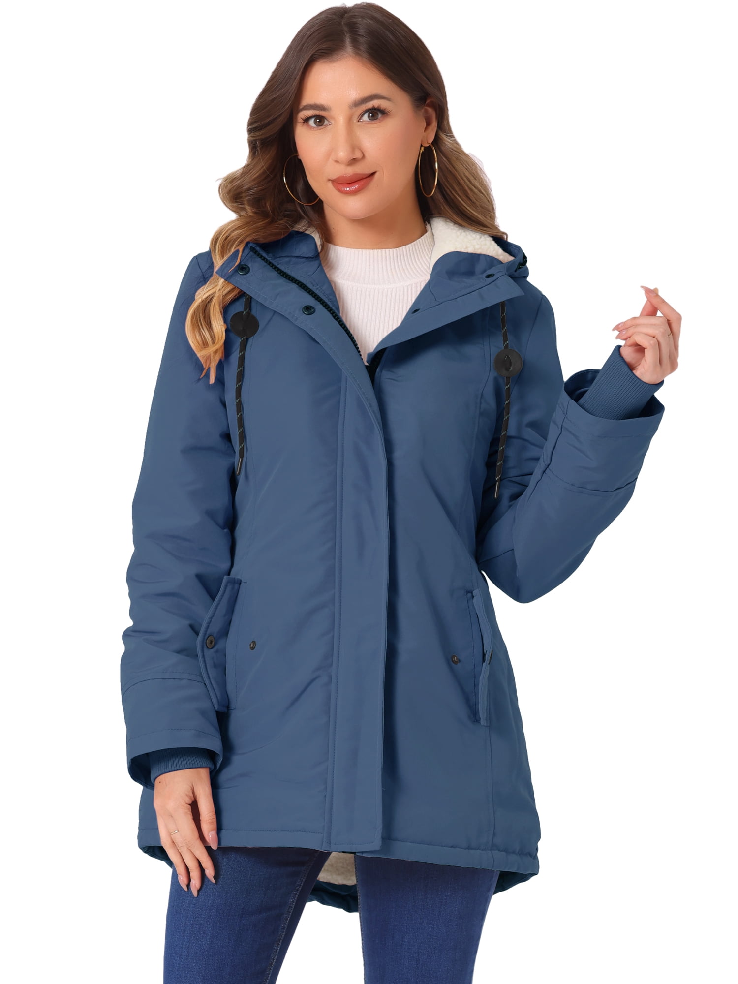 DARING DIVA Women's Winter Coat with Faux Fur Hood and Multiple Pockets XS Navy Blue