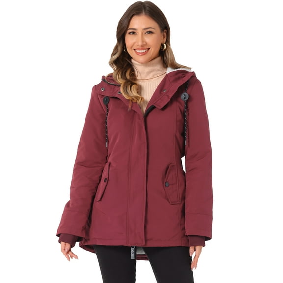 DARING DIVA Women's Parka Drawstring Waist with Faux Fur Hooded Coats XS Red