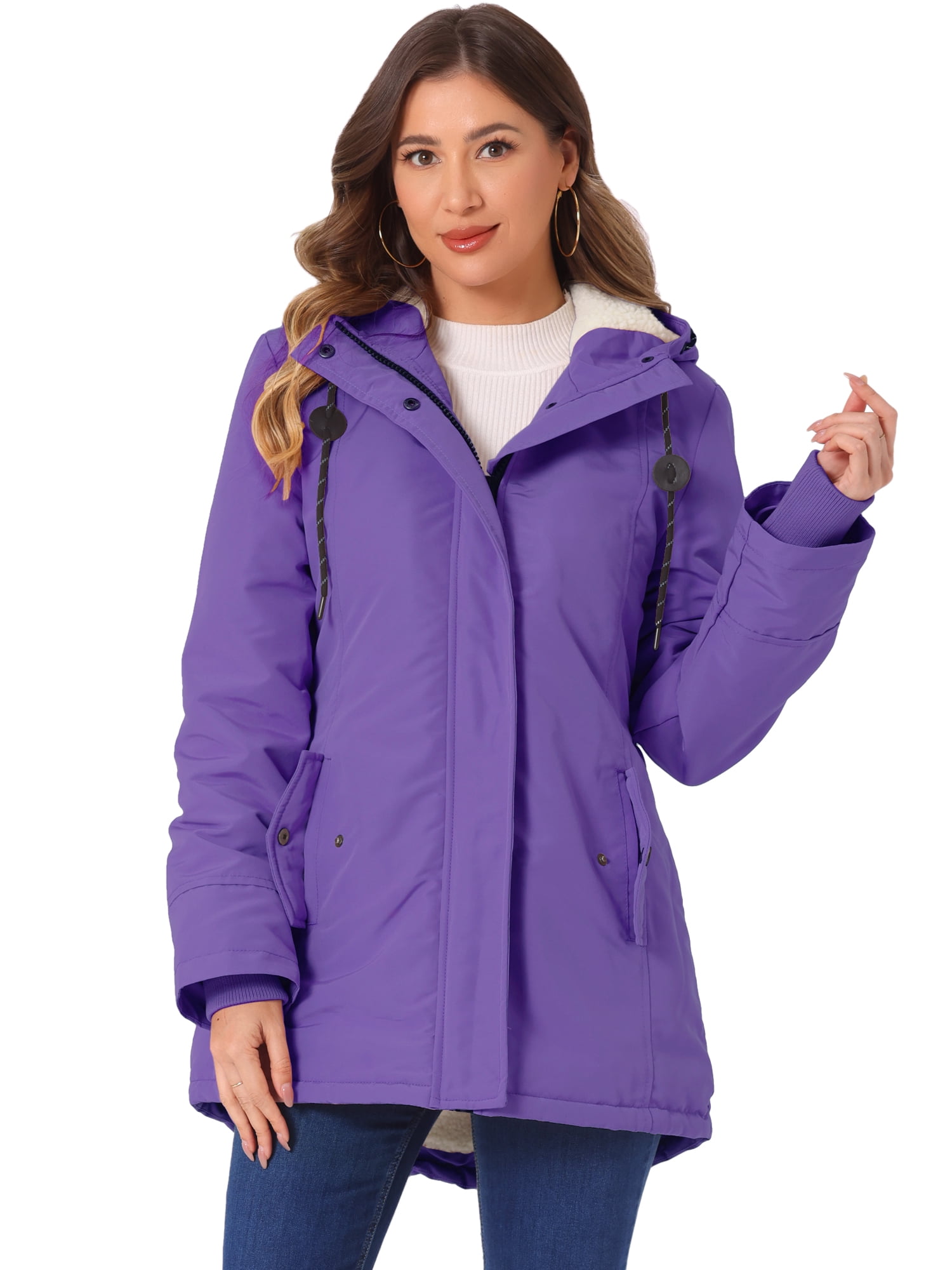 DARING DIVA Women's Winter Coat with Faux Fur Hood and Multiple Pockets XS Violet