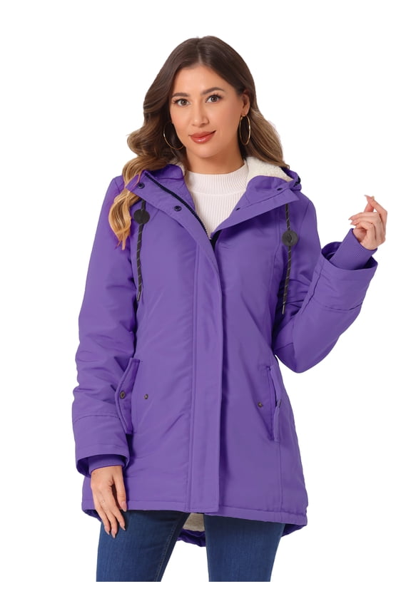 Women's Parka Drawstring Waist with Faux Fur Hooded Coats XS Violet