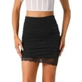 thumbnail image 1 of DARING DIVA Women's Party Mesh Lace Hem Shimmer Ruched Bodycon Mini Skirts XS Black, 1 of 6