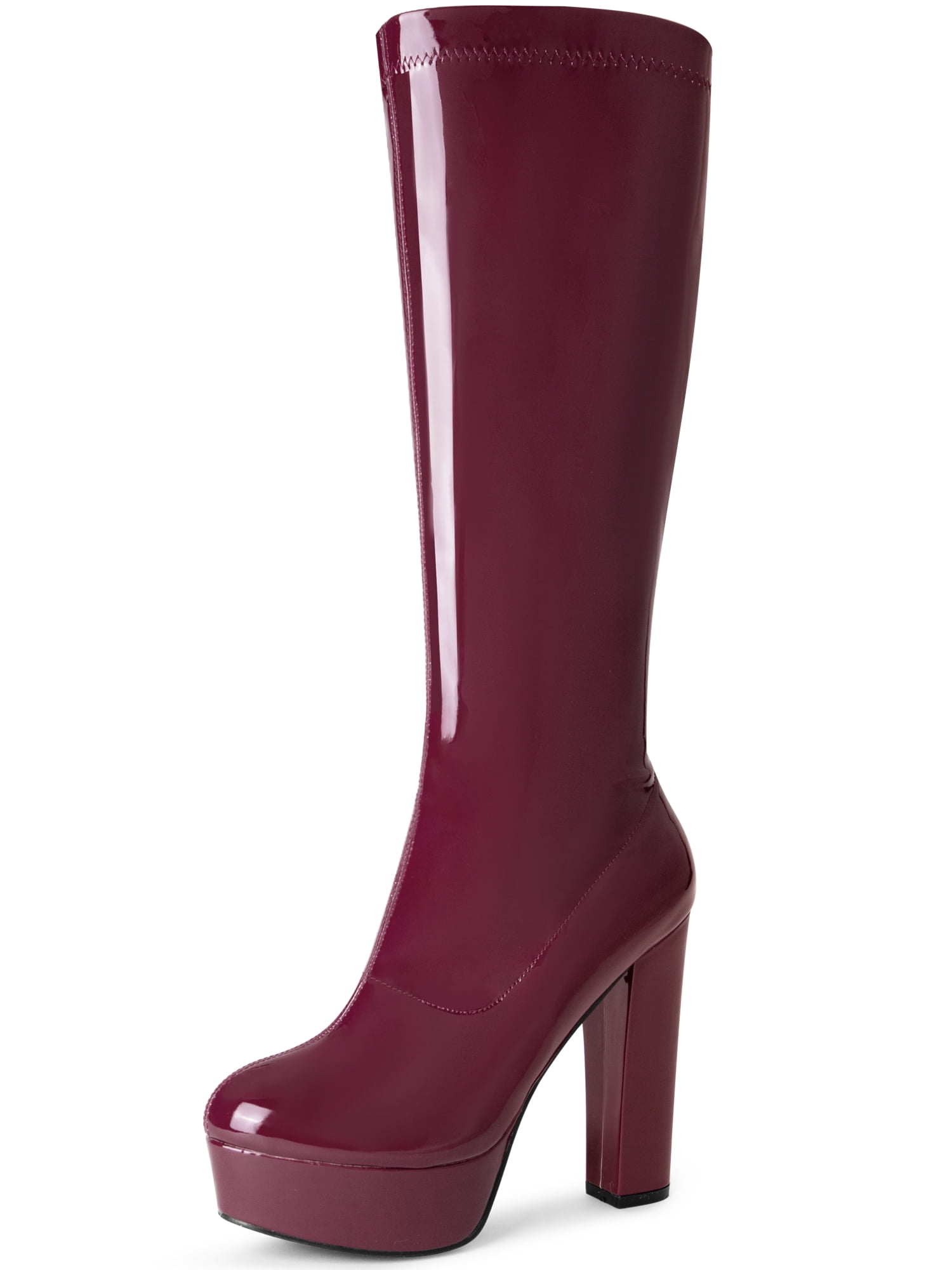 DARING DIVA Women's Patent Leather Platform Chunky Heel Knee High Boots Burgundy 8