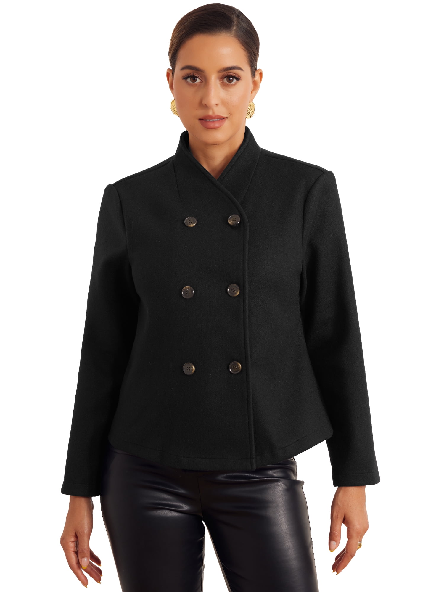 DARING DIVA Women's Winter Pea Coat Stand Collar Cropped Double Breasted Jacket L Black