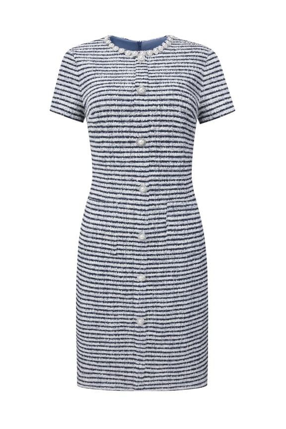 Women's Pearl Beaded Short Sleeve Tweed Dresses 2XL Blue White