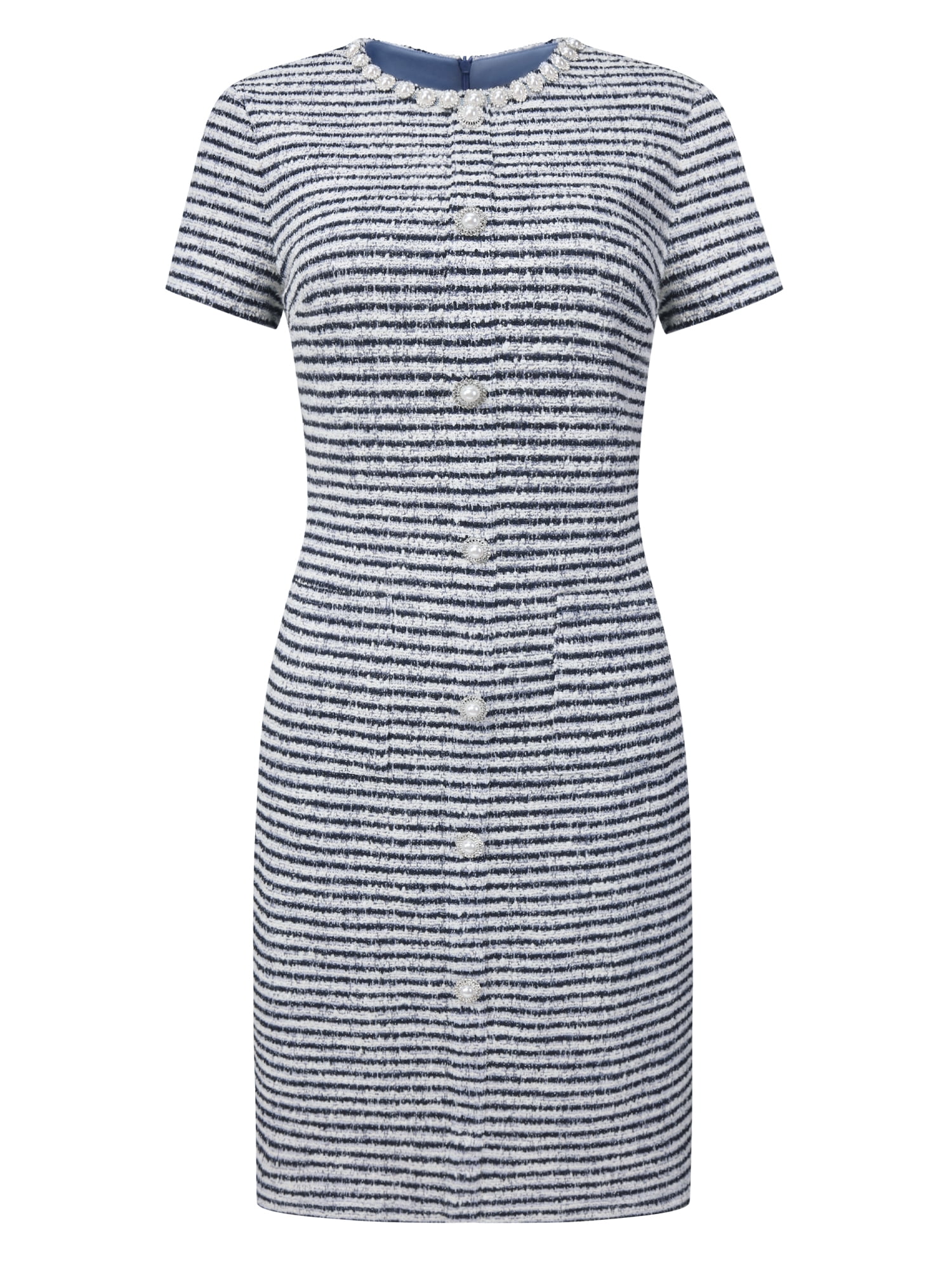 DARING DIVA Women's Pearl Beaded Short Sleeve Tweed Dresses M Blue White