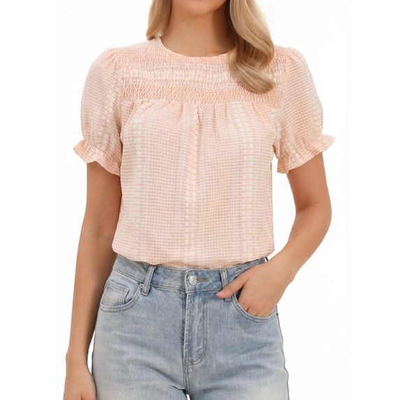 DARING DIVA Women's Peasant Plaid Smocked Ruffle Puff Sleeve Blouses XS Pink