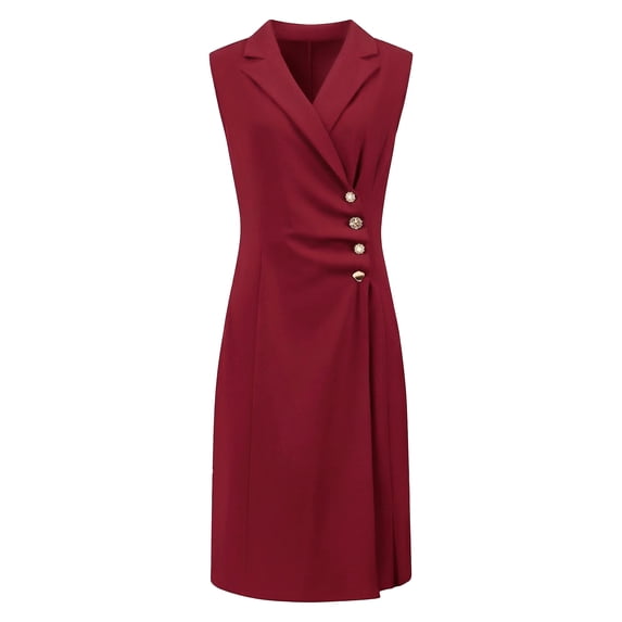 DARING DIVA Women's Pencil Knee Length Notch Lapel Neck Classy Sheath Dress M Wine Red