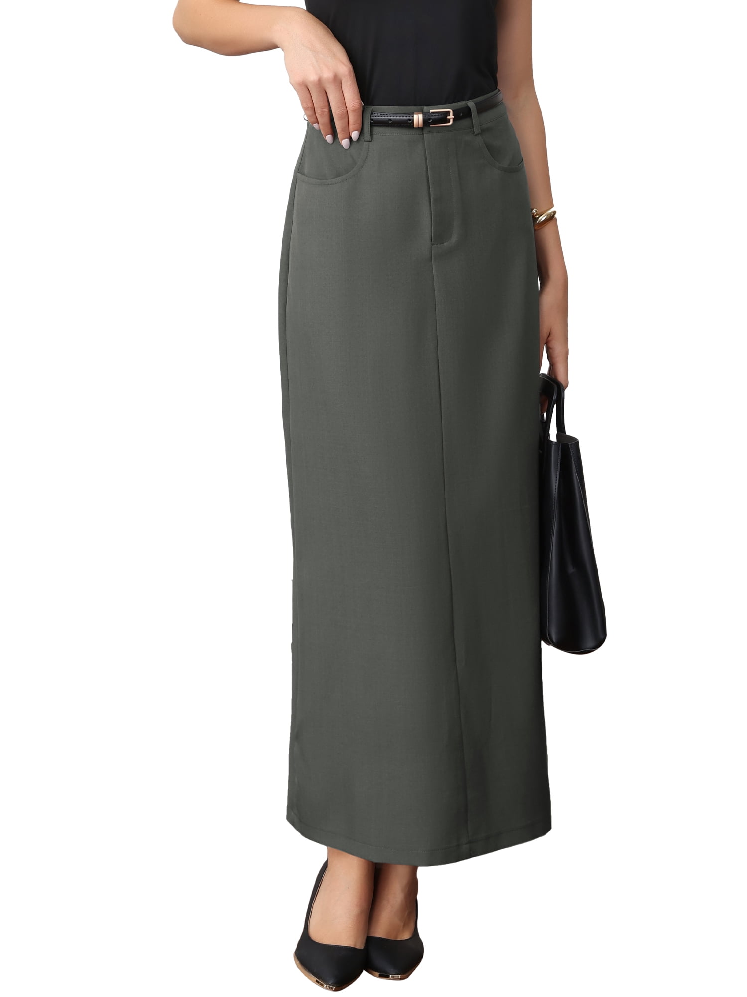 DARING DIVA Women's Pencil Long Skirt High Waist Pockets Midi Skirts Small Grey