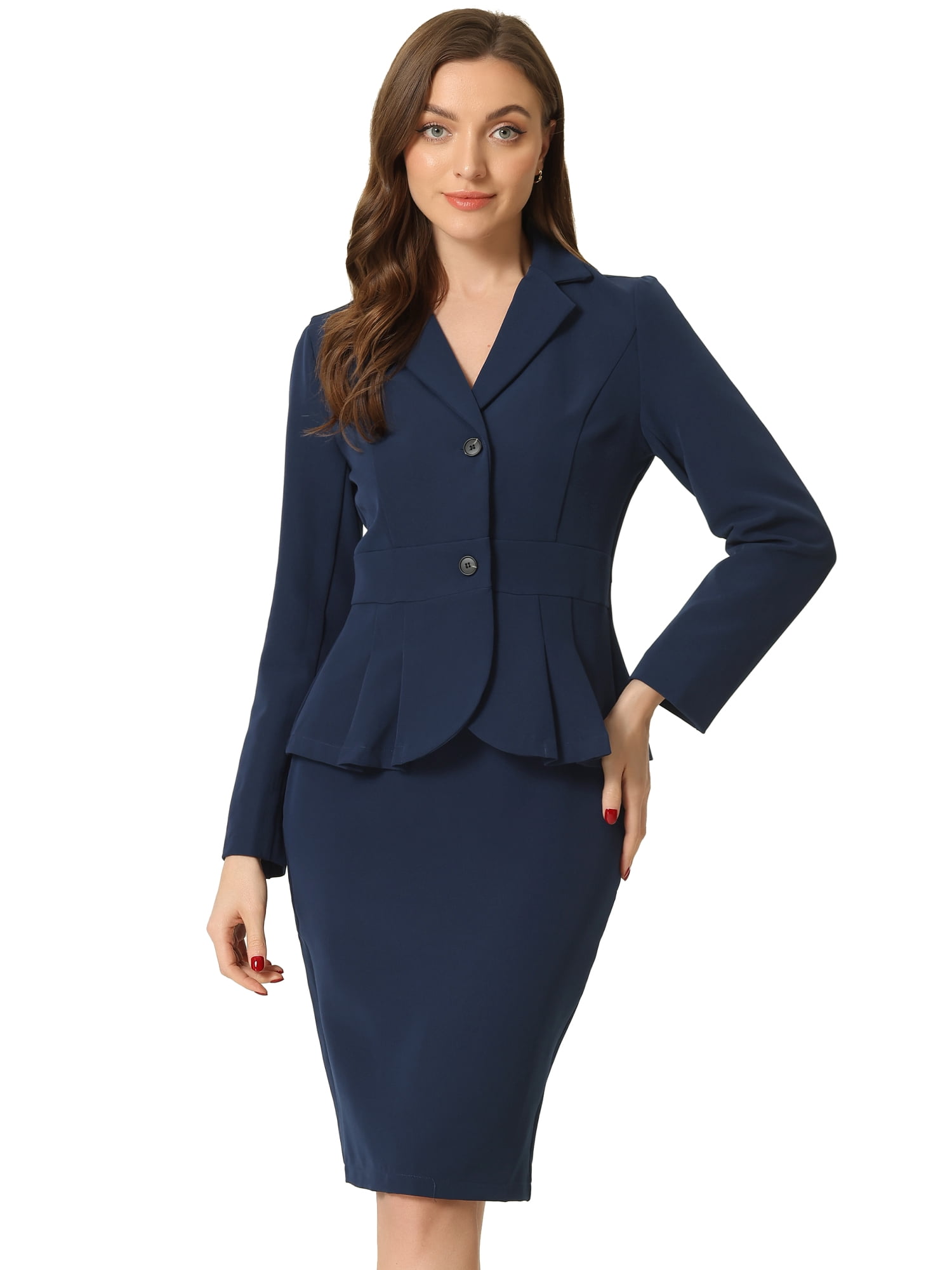 DARING DIVA Women's Peplum Blazer Pencil Skirt 2 Pcs Suit Set 2XL Navy