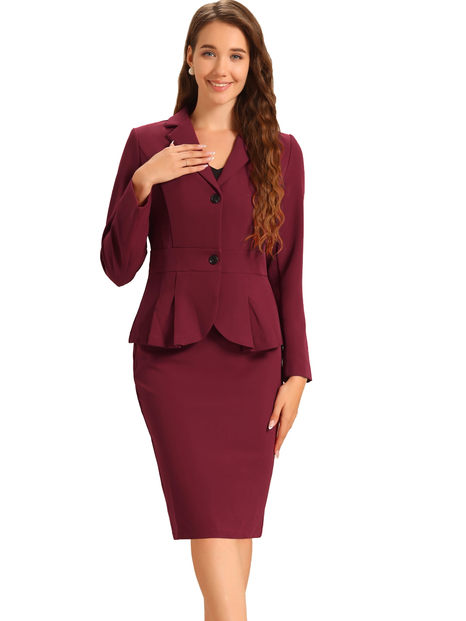 DARING DIVA Women's Peplum Blazer Pencil Skirt 2 Pcs Suit Set 2XL Wine Red