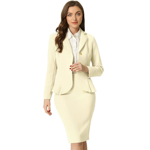 DARING DIVA Women's Peplum Blazer Pencil Skirt 2 Pcs Suit Set M White Beige