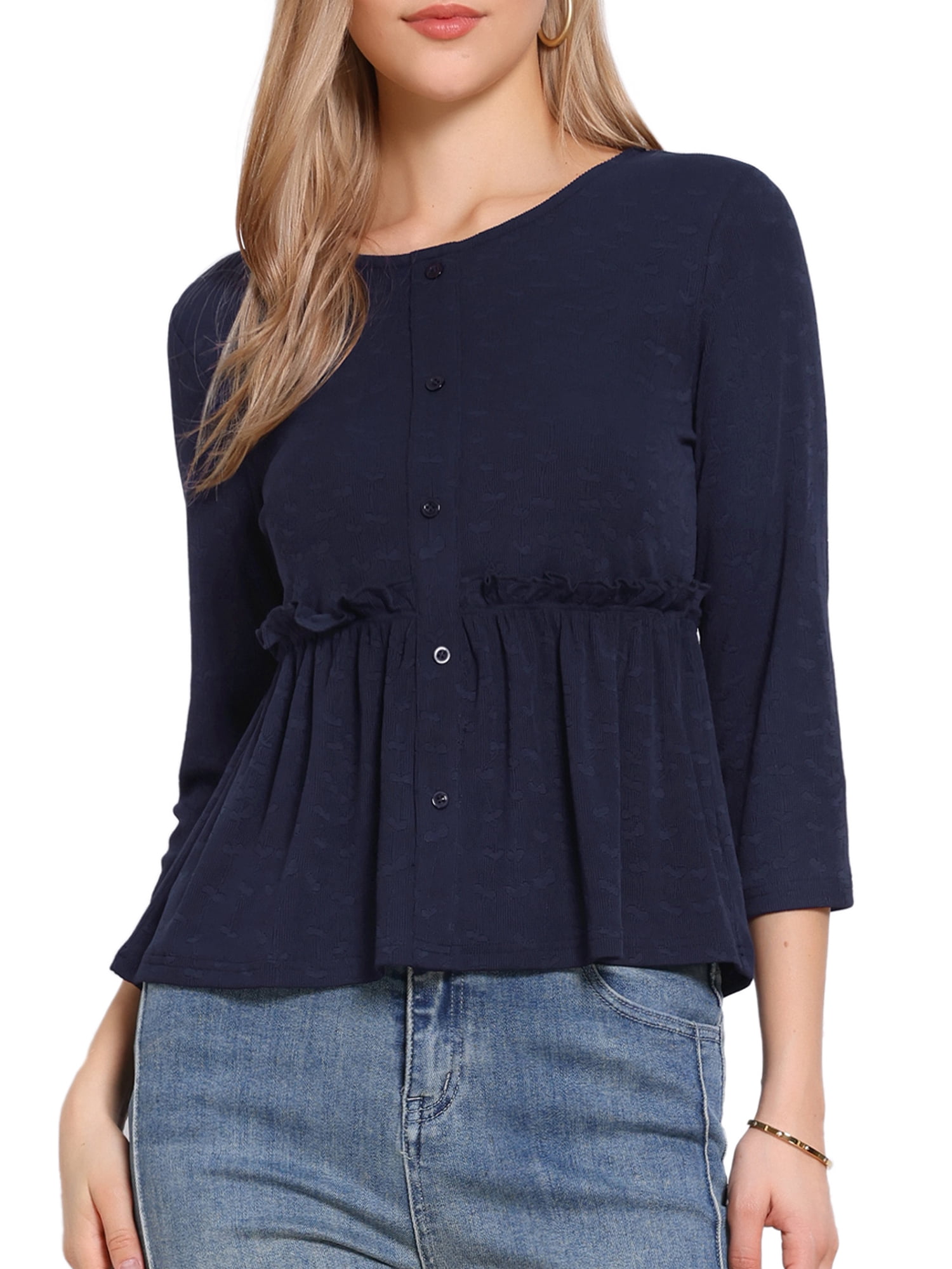DARING DIVA Women's Peplum Crew Neck 3/4 Sleeve Ruffle Pullover Blouses S Dark Blue