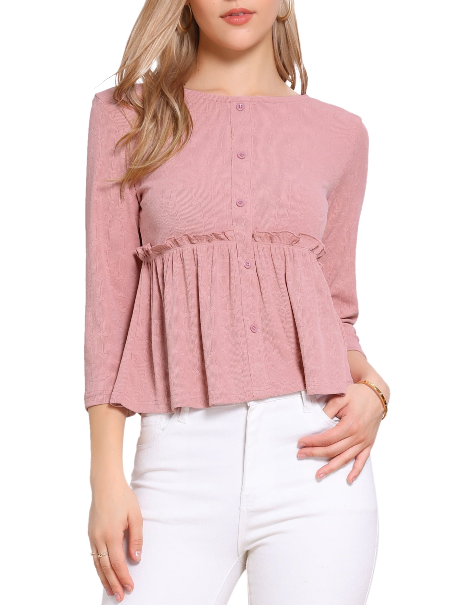DARING DIVA Women's Peplum Crew Neck 3/4 Sleeve Ruffle Pullover Blouses S Pink