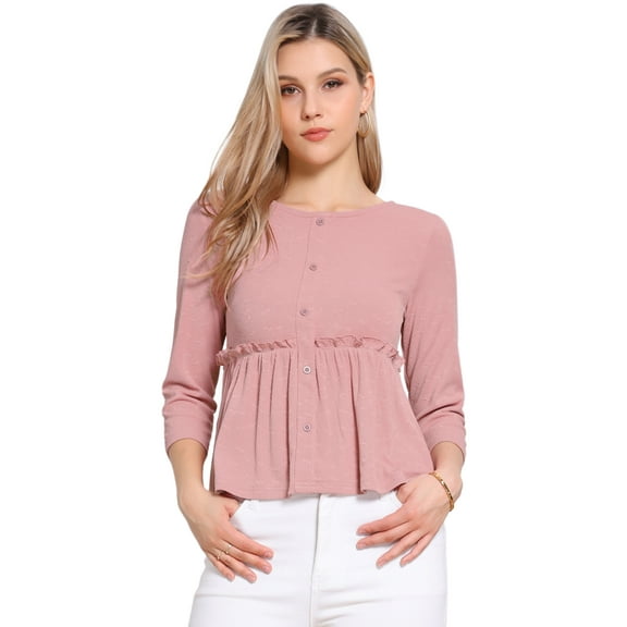 DARING DIVA Women's Peplum Crew Neck 3/4 Sleeve Ruffle Blouse XS Pink