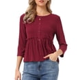 thumbnail image 1 of DARING DIVA Women's Peplum Crew Neck 3/4 Sleeve Ruffle Pullover Blouses L Burgundy, 1 of 5