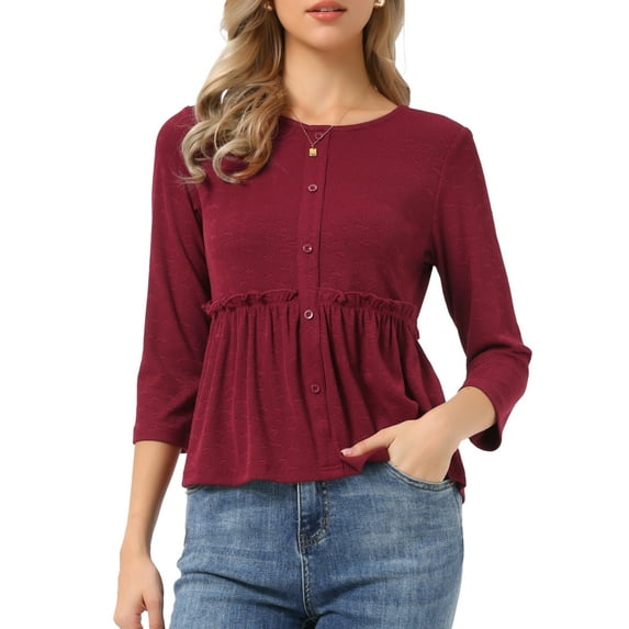 DARING DIVA Women's Peplum Crew Neck 3/4 Sleeve Ruffle Pullover Blouses L Burgundy